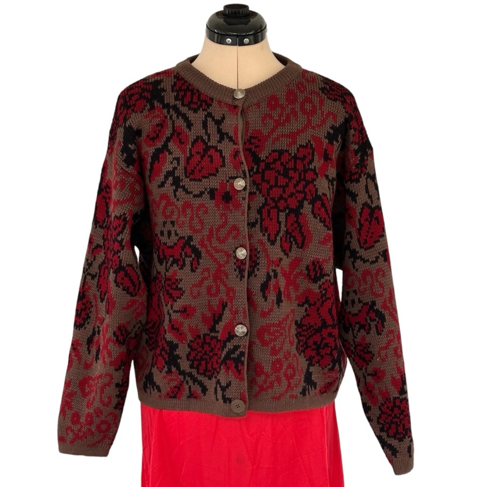 Vintage 80s Brown Benetton Red Floral Wool Blend Sweater